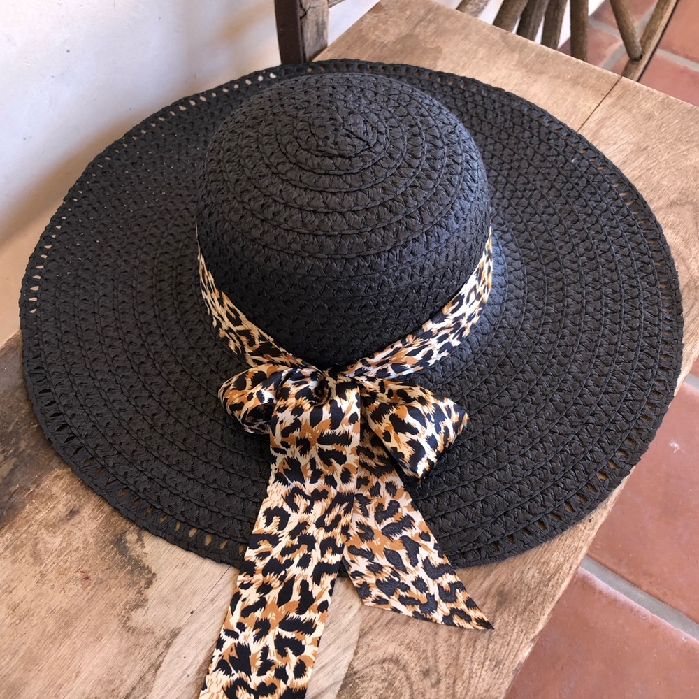 FLOPPY SUMMER Black Straw HAT Leopard Bow NEW!👒🌞